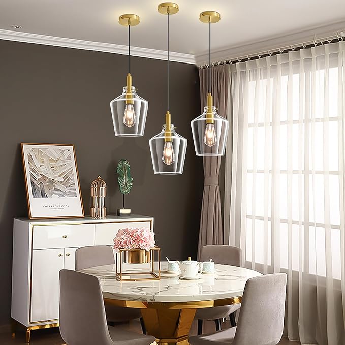 Modern Glass Pendant Lighting for Kitchen Island, Farmhouse Gold Pendant Light Fixtures 1 Pack, Adjustable Hanging Ceiling Light Angled Clear Glass Shades 8 Inch