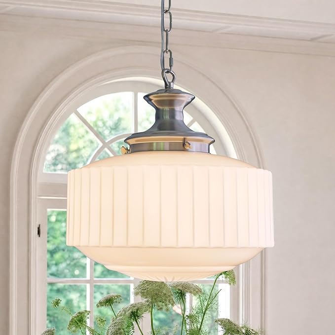 Vintage Milk Glass Pendant Lights, 13.8" White Pleated Glass Chandelier, Schoolhouse Antique Pendant Lights, for Kitchen Island Lighting, Hallway, Bedroom, Dining Room, Foyer, E26 Bulb Included