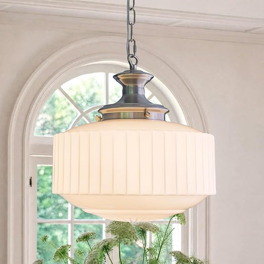 Vintage Milk Glass Pendant Lights, 13.8" White Pleated Glass Chandelier, Schoolhouse Antique Pendant Lights, for Kitchen Island Lighting, Hallway, Bedroom, Dining Room, Foyer, E26 Bulb Included