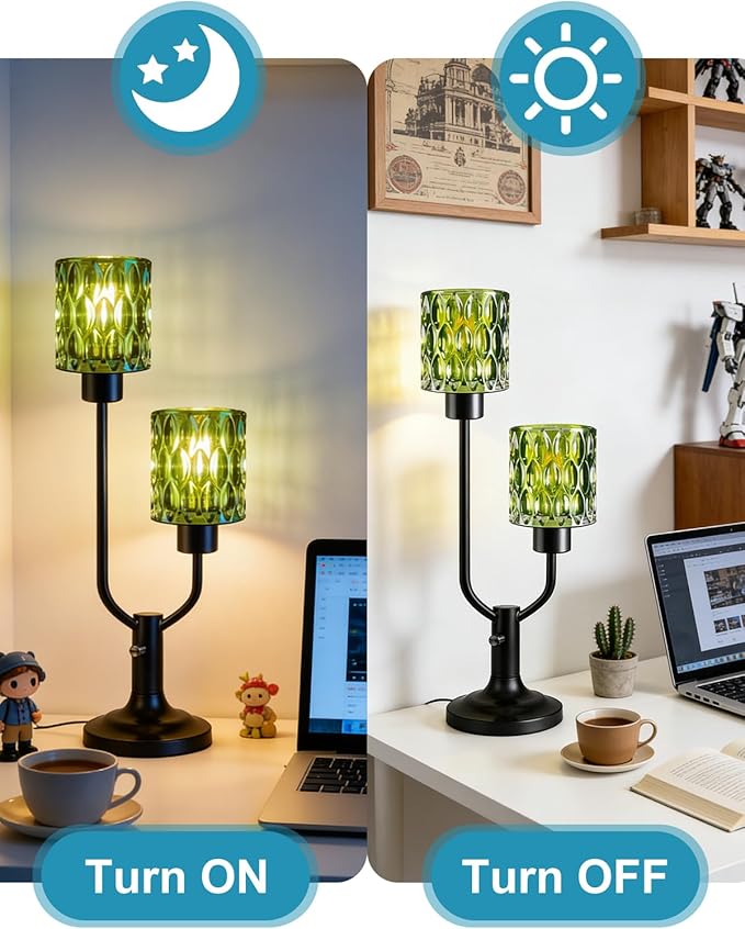 Lightdot Vintage Table Lamp for Living Room Dimmable Nightstand Lamp Mid Century Modern Green Glass Black Desk Lamp 2 Bulbs Included Warmwhite Ambient Bedside Lamps for Bedroom Home Office Decor Gift