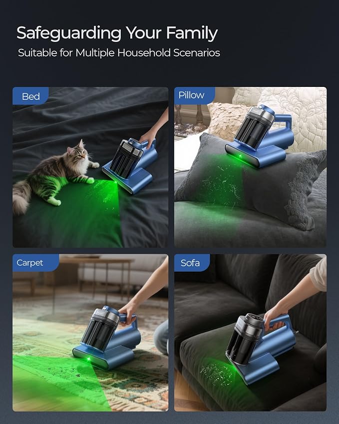 Teant Powerful Mattress Bed Vacuum Cleaner, 2-Speed (14kPa/18kPa) Mattress Vacuum with Green Light Dust Detection, 253.7nm UV-C Light, LED Display, HEPA Filter, 149℉ Heat, Aroma for Bed Couch