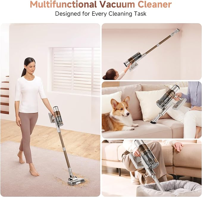 Cordless Vacuum Cleaner: Portable 6-in-1 Stick Vacuum with Anti-Tangle Brush, LED Headlight, Self-Standing, HD Display, Rechargeable Vacuum for Pet Hair, Low-Pile Carpet and Hardwood Floor-Off White