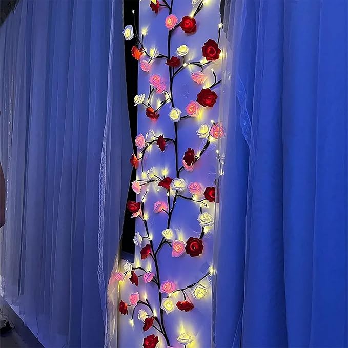 Rose LED Tree Branch Lights for Wall, Rose Flower Willow Vine Twig Decor Garland with 72 LED Lights and Remote,8 Lighting Modes,Christmas Decorations Indoor for Home Wall Door Window (63inch)
