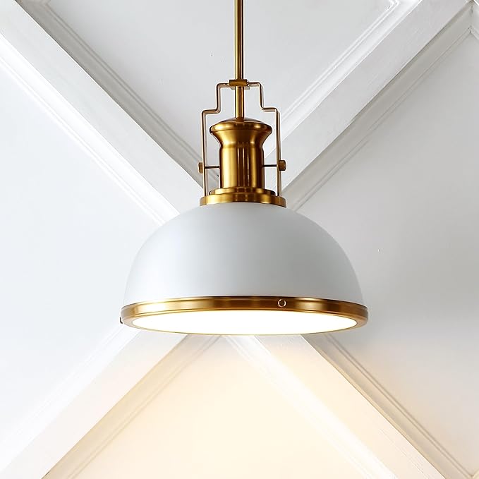 JONATHAN Y 13" Brass Gold/White Modern Industrial Iron LED Dome Pendant Light, Adjustable Hanging Fixture for Kitchen Island or Entryway, White Metal Shade, LED Bulb Included (JYL9536D)