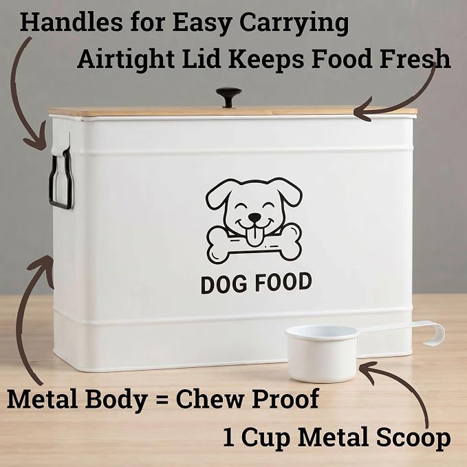 Dog Food Container Airtight 15 lb (50 Cup) Capacity with Metal Scoop - Cute Airtight Dog Food Storage Container with Bamboo Lid - White Metal Kibble Storage Bin for Dogs up to 100 lbs - Big Pet Jar