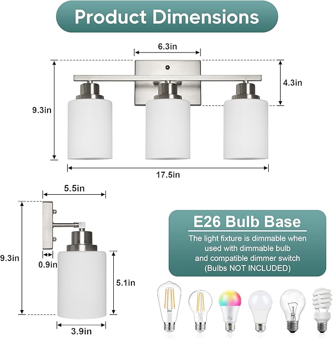 Ascher Bathroom Light Fixtures, 3-Light Vanity Light Over Mirror, Brushed Nickel Wall Sconces with Milky White Frosted Glass Shades, Wall Lamp for Living Room Bedroom, E26 Base(Bulbs Not Included)