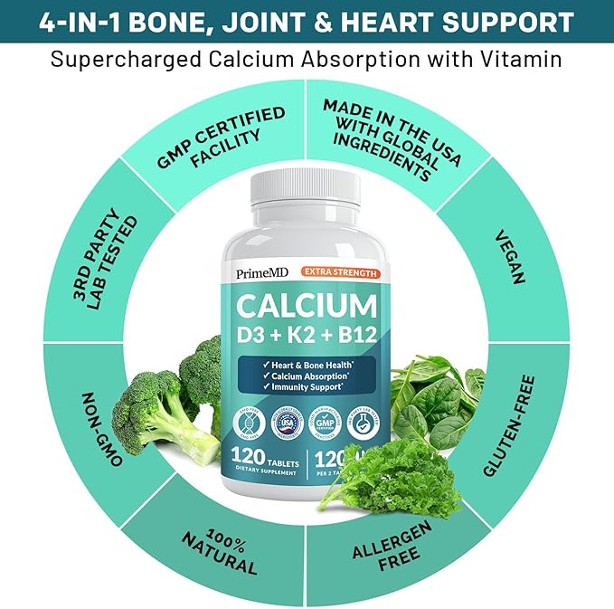 4-in-1 Calcium 1200 mg with Vitamin D3 K2 - Extra Strength Calcium Supplements for Women & Men with D3 K2 Vitamin 5000 IU - Everyday Vitality Supplement - Vegan-Friendly, Gluten-Free, Non-GMO (120ct)