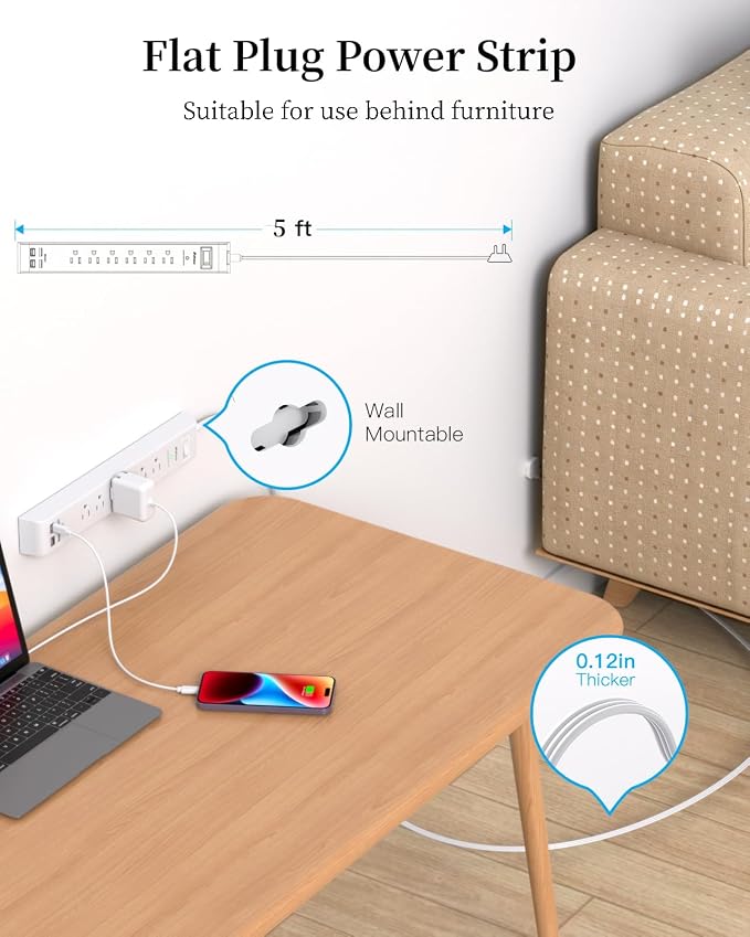 2 Pack Power Strip, Extension Cord 5FT, Surge Protector with 6 Outlets and 4 USB Ports (2 USB C), Flat Plug Overload Protection, Extension Cord with Multiple Outlets, Wall Mount for Home Dorm College