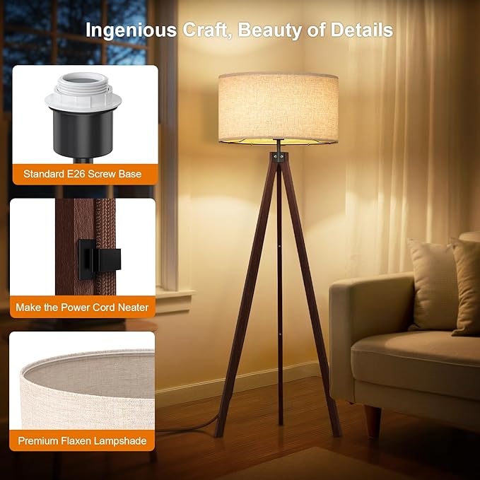 LEPOWER Wood Tripod Floor Lamp, Mid Century Standing Lamp, Modern Design Studying Light for Living Room, Bedroom, Study Room and Office, Flaxen Lamp Shade with E26 Base Walnut