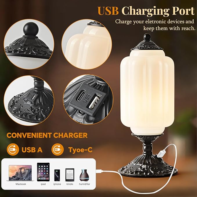 Milk Glass Table Lamp, Touch Control with USB Charging Port Vintage Bedside Desk Lamp Stepless Dimming for Bedroom Living Room Nightstand Led Bulbs Included （White）