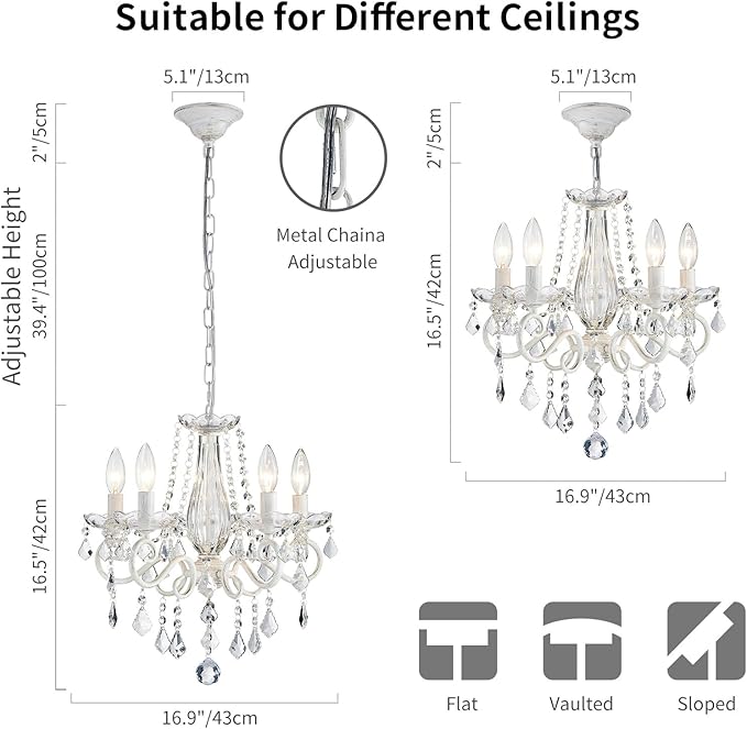 ANJIADENGSHI Small Crystal Chandelier, Modern White Chandelier Dining Room Light Fixture, Mini Crystal Pendant Light for Bedroom Ceiling Light Fixture for Living Room Entryway Kitchen Island Hallway