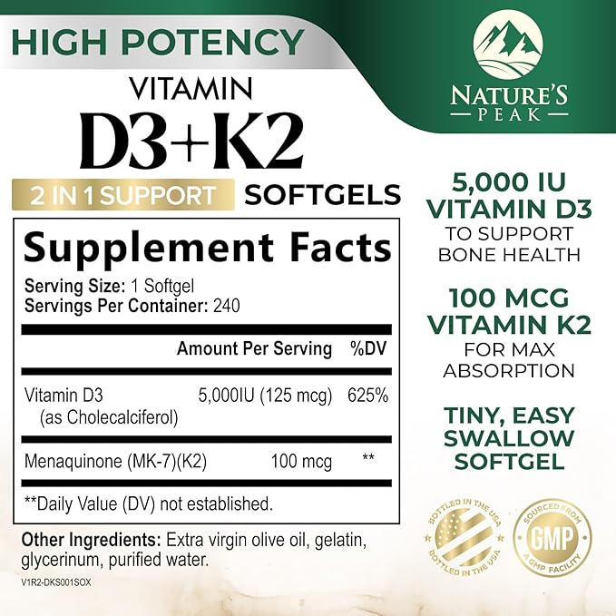 Vitamine D3 K2 5000 UI - Supplément de Vitamine D3 à Haute Puissance - Complexe Avancé 2-en-1 avec Vitamine D et Vitamine K2 (MK7) - Gélule Facile à Avaler, Soutien Osseux et Immunitaire - Embouteillé aux États-Unis - 120 Gélules