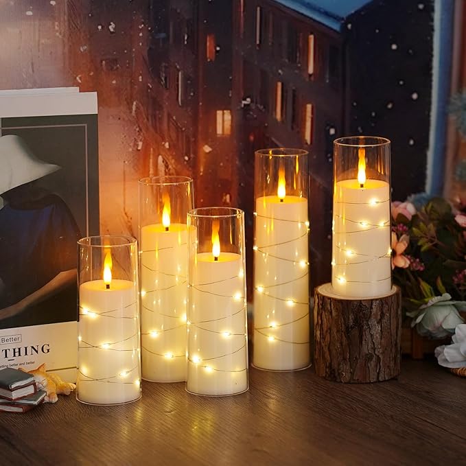 kakoya Flameless LED Candles with Timer 5 Pc Flickering Flameless Candles for Romantic Ambiance and Home Decoration Stable Acrylic Shell,with Embedded Star String，Battery Operated Candles（White）