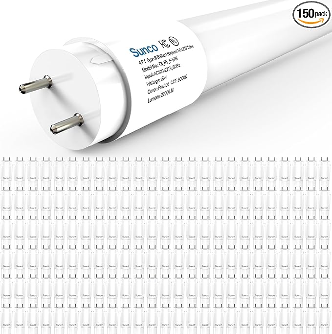 Sunco 150 Pack T8 LED Bulbs 4 Foot, LED Fluorescent Tube Replacement, 4ft LED Tube Light, Ballast Bypass, 2200 LM, 18W, 6000K Daylight Deluxe, Single Ended Power, Frosted Lens, UL
