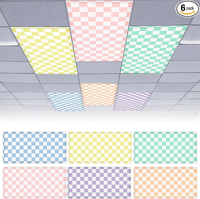 6 Pcs 4 x 2 Feet Fluorescent Light Covers Pastel Checkers Magnetic Light Cover for Ceiling Lights with 60 Magnets Decorative Magnetic Filters for Home Office Classroom Kitchen Decoration