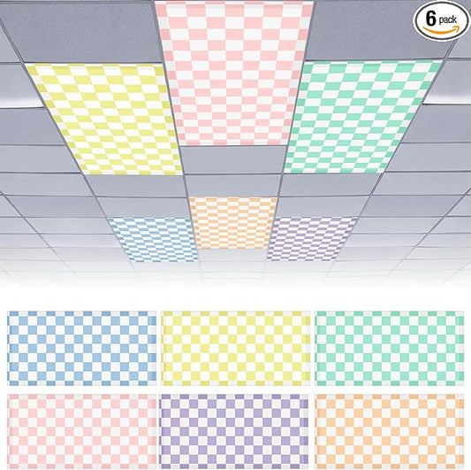6 Pcs 4 x 2 Feet Fluorescent Light Covers Pastel Checkers Magnetic Light Cover for Ceiling Lights with 60 Magnets Decorative Magnetic Filters for Home Office Classroom Kitchen Decoration