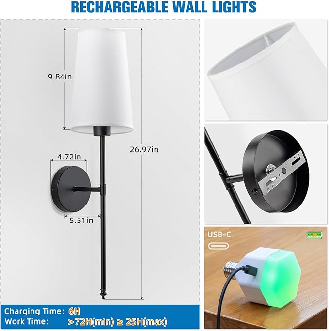 NIORSUN Black Battery Operated Wall Sconce Set of 2,Rechargeable Wall Lights with 10400mAh Dimmable Detachable Bulbs and Remote,9 Colors Wireless Sconces for Bedroom Living Room Hallway