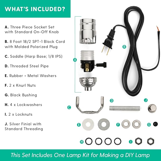 DIY Lamp Wiring Kit, Silver Socket & 8FT Black Cord (1 Pack), For Making & Fixing Table or Floor Lamps, Repair & Rewire Antique or Vintage Lighting Fixtures, Complete Hardware Set