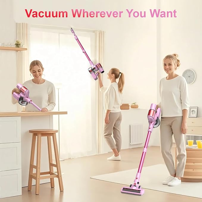 Pink Cordless Vacuum Cleaner, 50Kpa/600W/60 Mins Runtime Stick Vacuum with Self-Standing and Touch Screen, Anti-Tangle Wireless Vacumm, Vacuum Cleaners for Home/Pet Hair/Carpets/Floors
