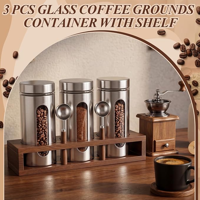 Suclain Stainless Steel Coffee Grounds Canisters with Shelf 3 x 50oz Sugar Coffee Bean Storage Container Airtight Threaded Lid Glass Window Scoop Kitchen Jar Set(Upgrade Style, 15.35 x 5 x 2.76'')