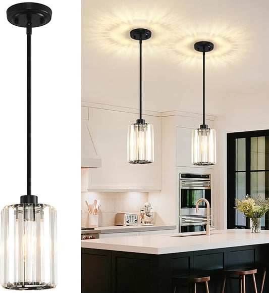 2 Pack Pendant Lights Kitchen Island, Modern Black Pendant Light Fixtures, Mini Chandelier Crystal Kitchen Island Lighting, Hanging Pendant Lights Fixture for Kitchen Island Dining Room Hallway Foyer