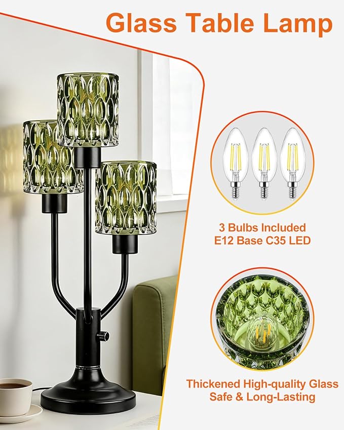 Mid Century Modern Table Lamp for Living Room Dimmable Nightstand Lamp Black Vintage Desk Lamp with Green Glass 3 Bulbs Included Warmwhite Ambient Bedside Lamps for Bedroom Office Home Decor