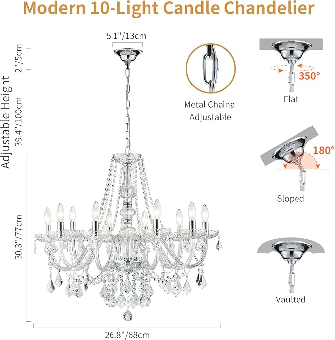Large Crystal Chandelier, Modern Chrome Crystal Chandeliers for Dining Room Light Fixture, 10-Lights Large Pendant Light Fixtures Luxury Chandelier for Living Room Bedroom Foyer Entryway D26.8''