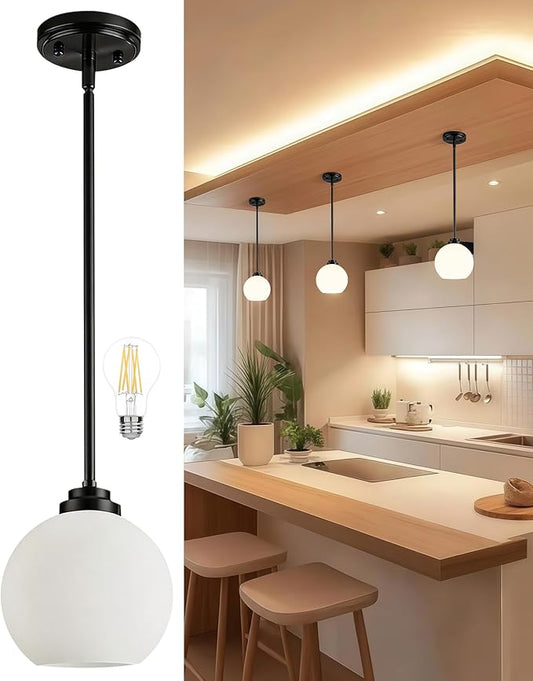 Majade Globe Pendant Lights Mid Century Modern Kitchen Island Pendant Light Fixtures 7.4 Inch Black Brass Pendant Lighting with Milk Glass Adjustable Hanging Light Fixtures for Dining Room living room
