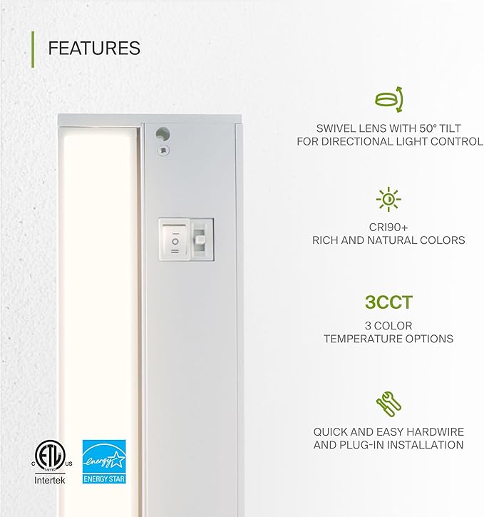 ASD Swivel LED Under Cabinet Lighting Plug in or Hardwired 18 Inch, Dimmable Under Cabinet Lights with High/Low/Off Switch, 3CCT 2700K-4000K, Linkable Under Counter Lights for Kitchen, White, ETL