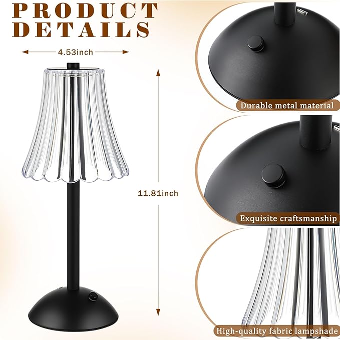 Liliful 6 Pcs Cordless Table Lamp Rechargeable Touch LED Small Gold Portable Battery Operated USB-c Desk Lamp 3 Color Dimmable for Bedroom Living Room Dining (Black,Rose Style)