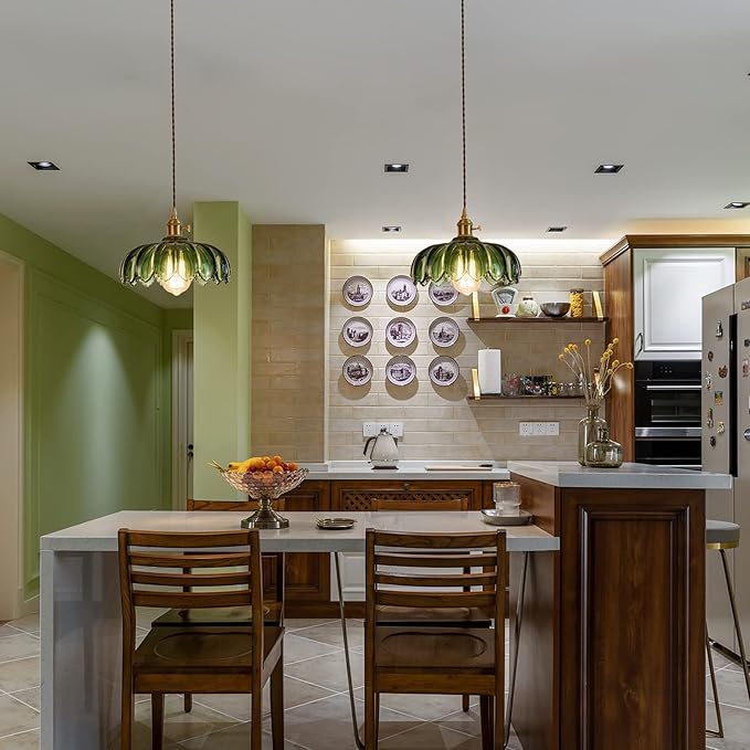 XZHGCEE Hanging Lamp Plug in Pendant Light: Green Hanging Light Plug in Hanging Lamp, Glass Pendant Lighting for Kitchen Island, Bedroom, Dining Room, Living Room, E26 No Bulb