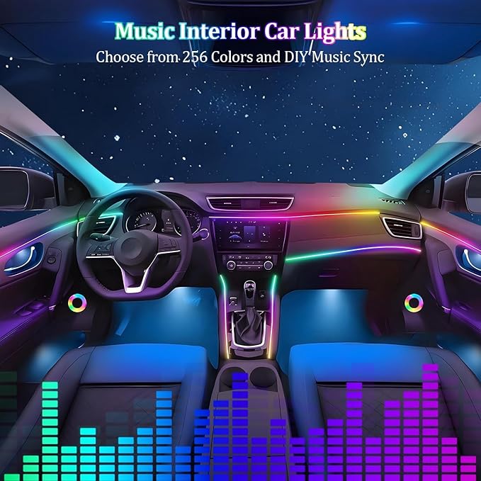 Acrylic Interior Car LED Strip Light with APP Remote Control, 4 in 1 RGB Dreamcolor Neon Flexible Strip Fiber Optic LED Ambient Lighting Kits,RGB Music Lights Sync for Inside car Decorations