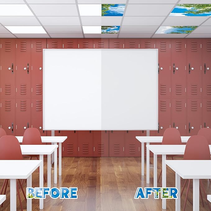 Amylove 4 Pcs Fluorescent Light Covers Classroom Ceiling Panels Light Filters with Backlit Film Material for Office School, 4 x 2 Feet(Charming Color,Blue Sky, Leaves)