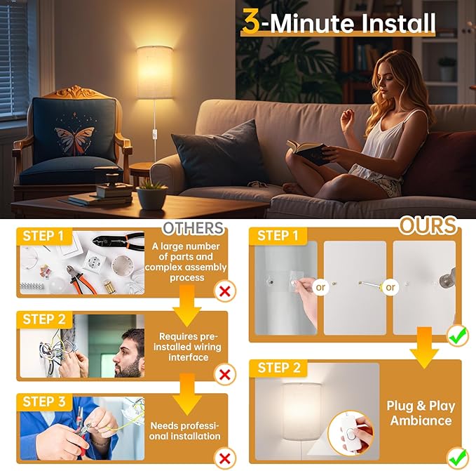 Shenmoyl Plug in Wall Sconces Set of Two Wall Lights with On/Off Switch - Stepless Color Temperature Wall Mount Lamps - Fabric Linen Wall Sconce for Bedroom Living Room - Indoor Corded Wall Sconces