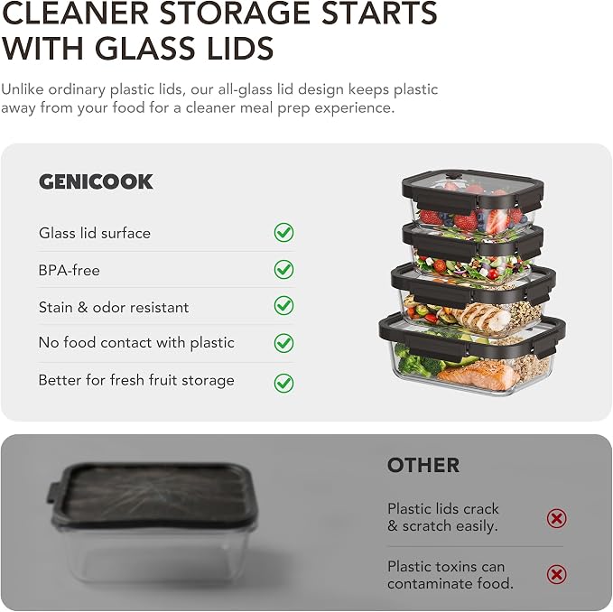 GENICOOK Glass Meal Prep Containers with Glass Lids, 4 Pack Airtight Glass Food Storage Containers, Borosilicate Glass Lunch Containers for Healthy Meal Prep, Microwave Oven Dishwasher Safe, BPA Free
