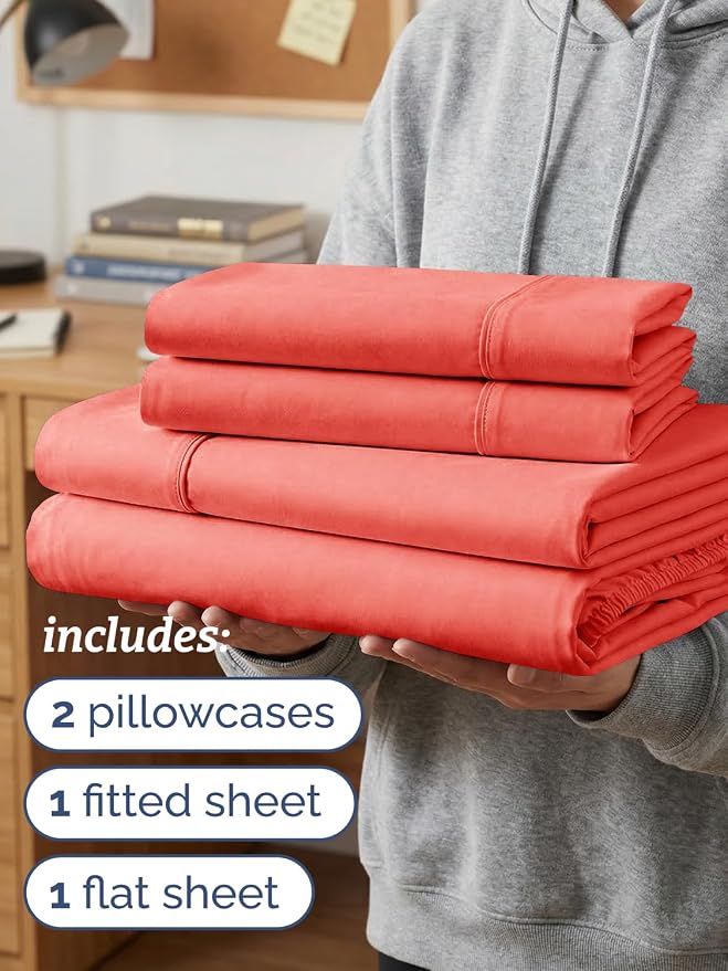 Twin XL 4 Piece Sheet Set - Comfy Breathable & Cooling - Ultra Soft Hotel Luxury Bedding Set w/ 8-16 Inch Deep Pockets - 1 Flat & 1 Fitted Sheet & 2 Pillowcases - Wrinkle Free and Easy Care - Coral