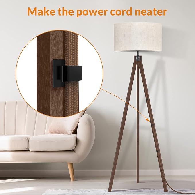 LEPOWER Wood Tripod Floor Lamp, Mid Century Standing Lamp, Modern Design Studying Light for Living Room, Bedroom, Study and Office, Flaxen Lamp Shade with E26 Base Dark Brown