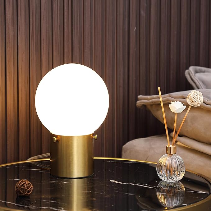 Gold Table Lamp for Nightstand with Frosted Glass Globe Lamp Shade, Mid Century Modern Bedside Lamp with Gold Metal Base, Small Nightstand Lamp Side Table Lamp for Bedroom Living Room Entryway