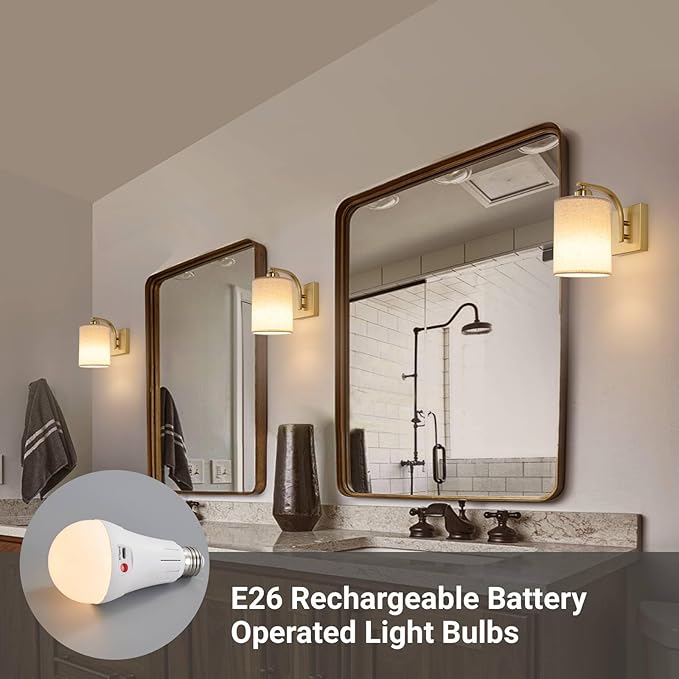Powfloven Gold Rechargeable Wall Sconces Set of 2 with Remote, Wireless Battery Operated Dimmable LED Wall Lights, Cordless Wall Lighting Lamp Fixture for Bedroom Living Room