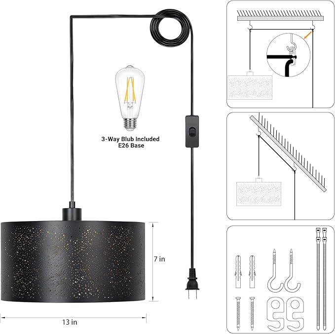 Qingmiao Plug in Pendant Light, Hanging Lamp Plug in with LED Bulb, 3-Way Dimmable Hanging Light Fixture for Living Room Bedroom Kitchen Ceiling Farmhouse Home Decor
