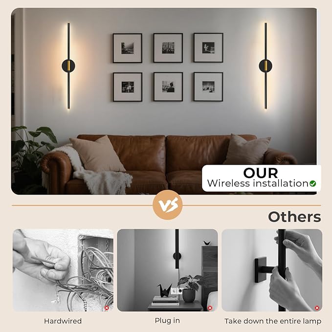GvvooHome 28.3" Battery Operated Wall Sconces Set of 2, 360°Rotation Rechargeable Wall Lights with Remote Control, 3000K-6500K LED Detachable Wall Lamp for Bedroom, Hallway, Black Gold
