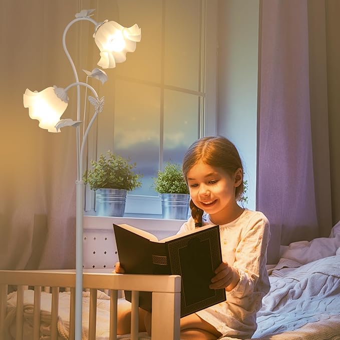 HMVPL White Flower Standing Lamp, Floral Tall Lamp with 2 LED 5W Blubs, Foot Switch, Modern Corner Floor Lamp with Acrylic Shade, Antique Lotus Flower Floor Lamp for Living Room Office Reading