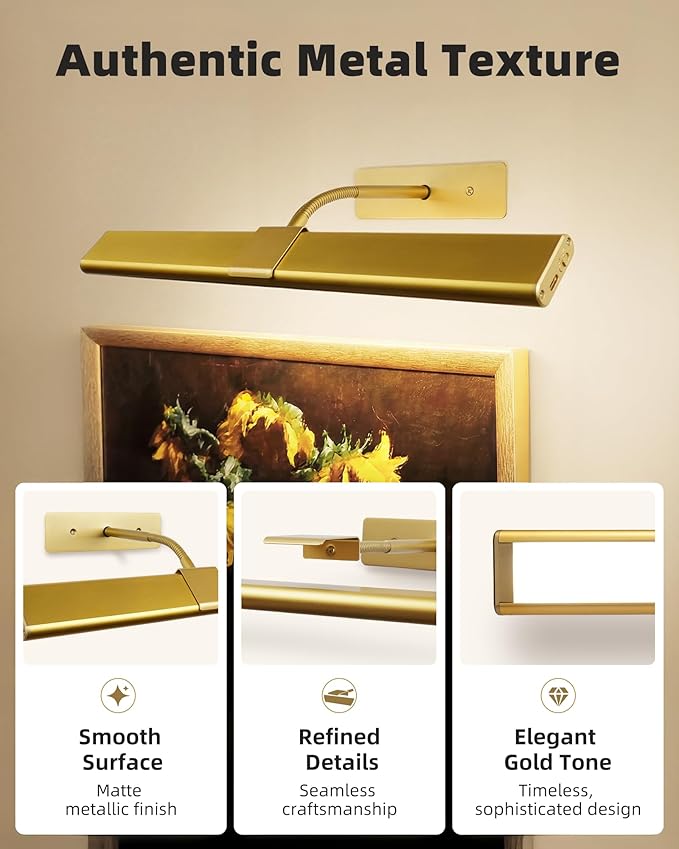 EZVALO Picture Light for Wall, 4800mAh Rechargeable Wireless Remote, 13'' Dimmable Magnetic LED Art Display Light with 3 Color Temperatures, for Gallery, Living Room, Bedroom, Hallway (Gold)