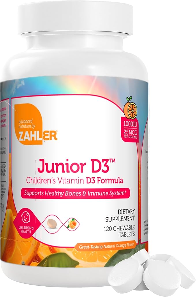 Zahler Junior Vitamines D3 1000 UI - pour Enfants - Vitamine D pour Enfants pour Soutenir la Santé des Os, des Dents et du Système Immunitaire - Saveur Orange Casher - 120 Comprimés.