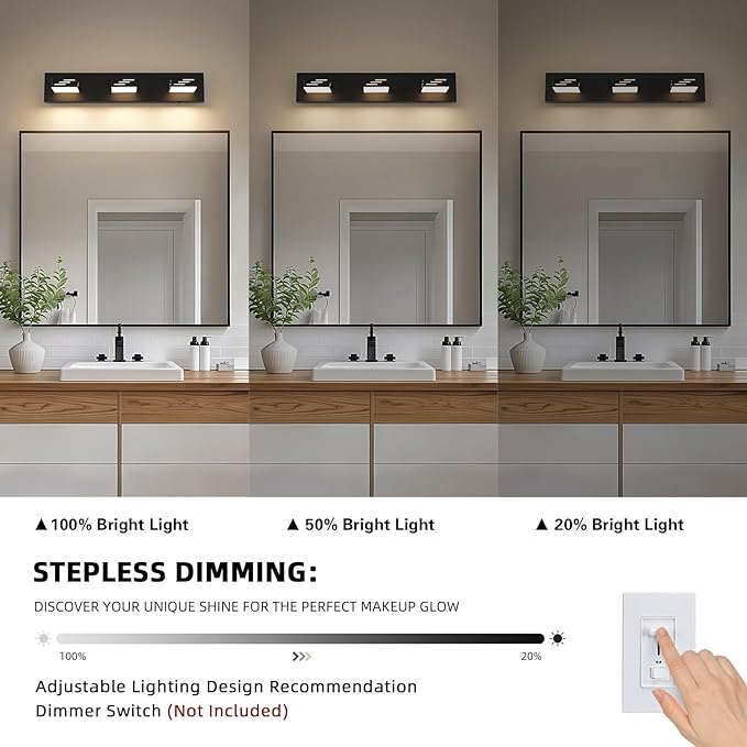 Joosenhouse 3-Light Black Bathroom Vanity Light, 5CCT Dimmable Bathroom Lighting fixtures, LED Vanity Lights Above Mirror 23.6 Inch 24W Makeup Mirror Lights