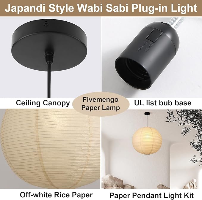 Large Paper Pendant Light with Cord and Canopy, 20in Off-White Rice Paper Hanging Lamp, Japanese Japandi Wabi Sabi Lantern Lamp Chandelier for Living Dining Room Bedroom Kitchen 1 Pack