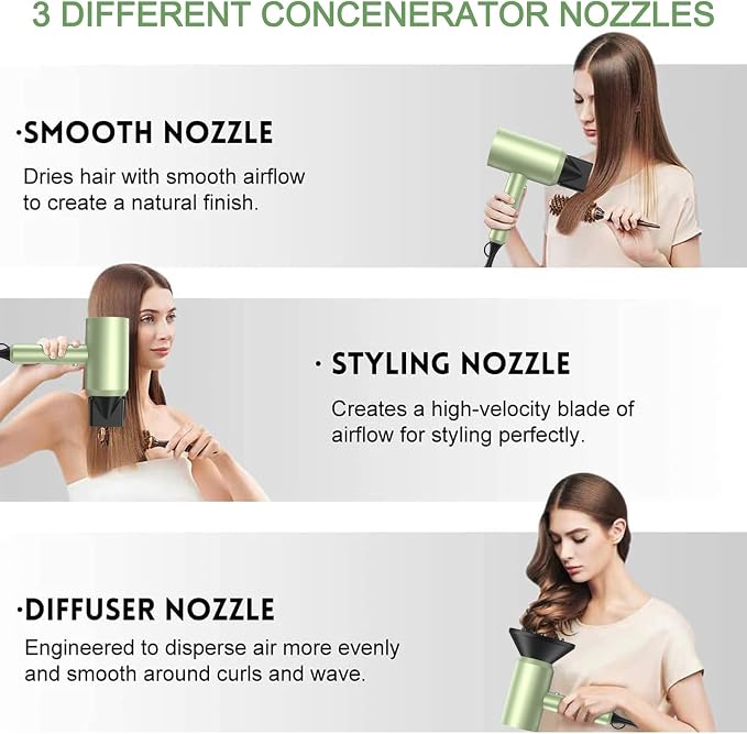 slopehill Professional Ionic Hair Dryer, Lime Cream | 1800W Fast Drying, Low Noise, 2 Concentrator Nozzles, 1 Diffuser Attachment