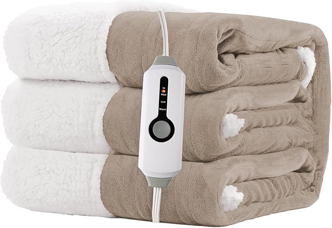 Electric Heated Blanket 62"x84" Twin Size for Safe All Night Rest, Dual-Sided Microplush Sherpa for Bedroom Couch Use, 4 Heat Settings & 10 Hours Auto Off Energy Saving, Machine Washable - Light Brown
