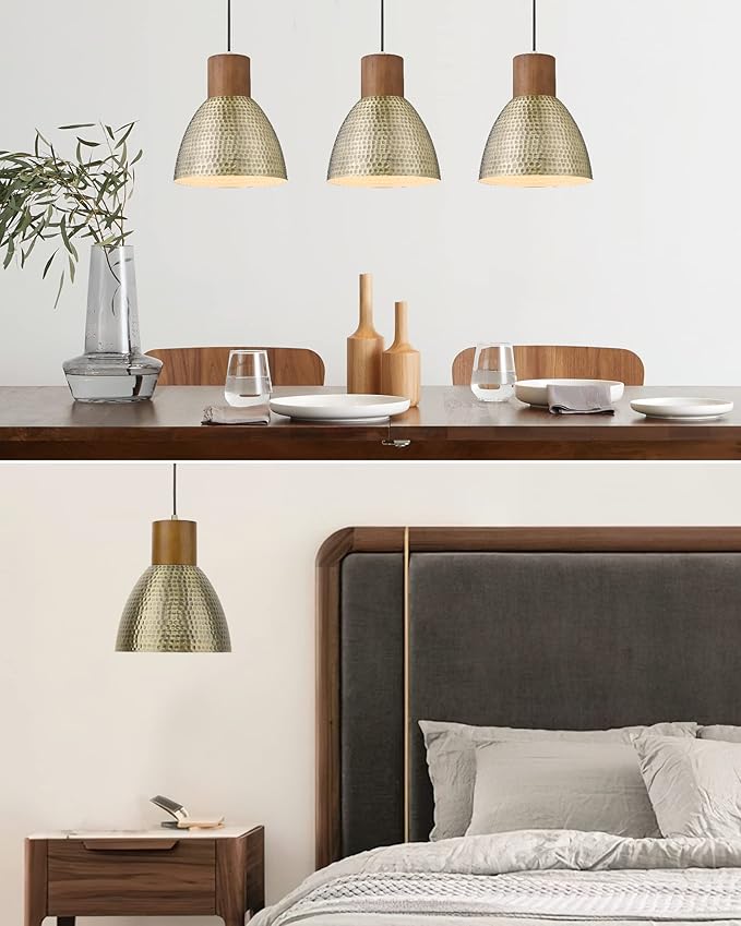 ELYONA Vintage Hammered Pendant Light Fixture, 7” Small Brushed Brass Metal Hanging Light Solid Wood Antique Gold Pendant Lamp for Kitchen Island, Farmhouse, Dining Room, Adjustable Height