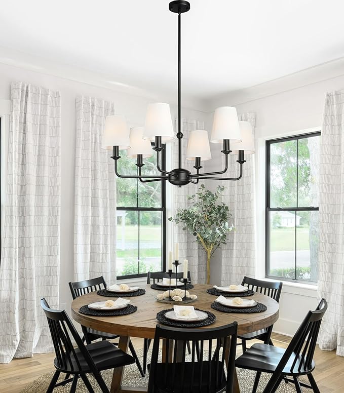 6-Light Black Pendant Chandelier with Fabric Shades, E12 Base - Farmhouse & Industrial Style for Kitchen, Living Room, Dining Room, or Bedroom Lighting